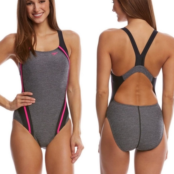 Speedo Other - Speedo Quantum Splice One Piece Swimsuit Open Back Sporty Grey and Pink Size 10